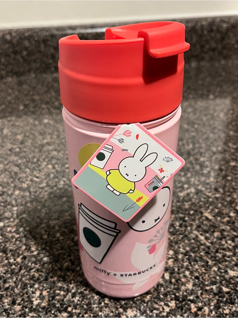 Starbucks Pink Tumbler with Red Lid and Miffy Tag